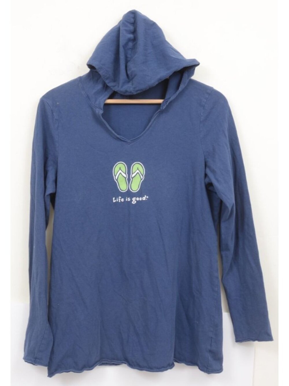 Life‎ Is Good Women's MED Flip Flops Blue Lightweight Hooded Tee Beach Vacay